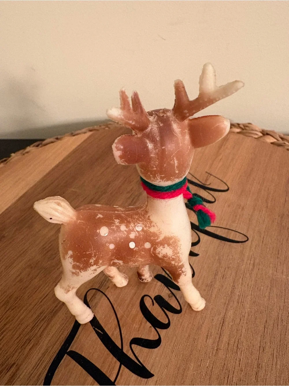 Vintage Brown & Cream Reindeer Figurine with Red and Green Scarf Plastic